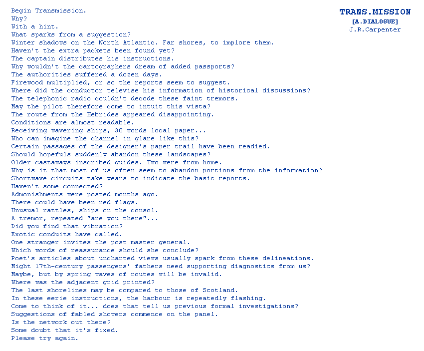 TRANS.MISSION [A.DIALOGUE] | J. R. Carpenter